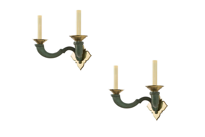 Painted Brass Two Light Art Deco Sconces, France Early 20th Cent