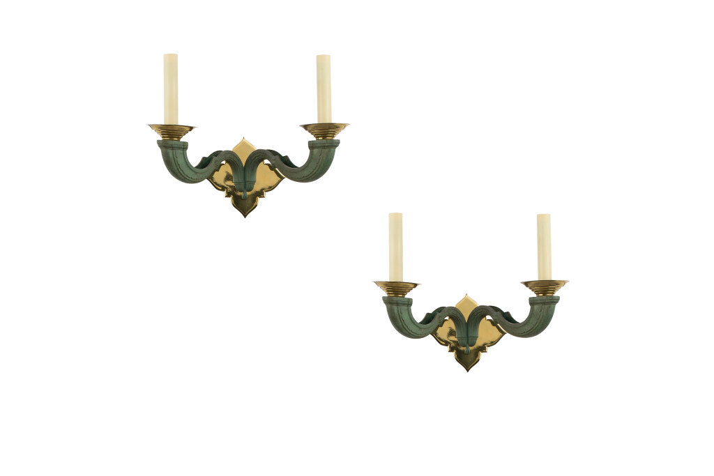 Painted Brass Two Light Art Deco Sconces, France Early 20th Cent Default