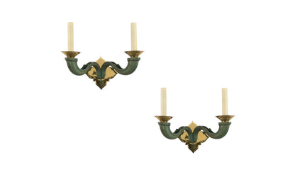 Painted Brass Two Light Art Deco Sconces, France Early 20th Cent Default