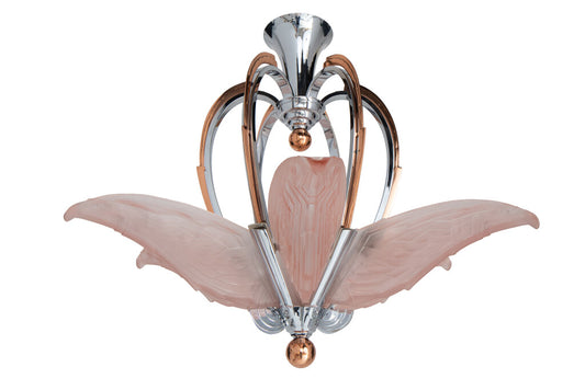 Chrome, Copper And Molded Pink Glass  Art Deco  Six Light  Chand Default
