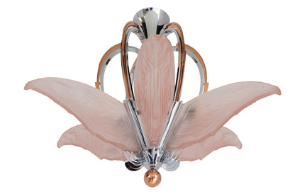 Chrome, Copper And Molded Pink Glass  Art Deco  Six Light  Chand Default