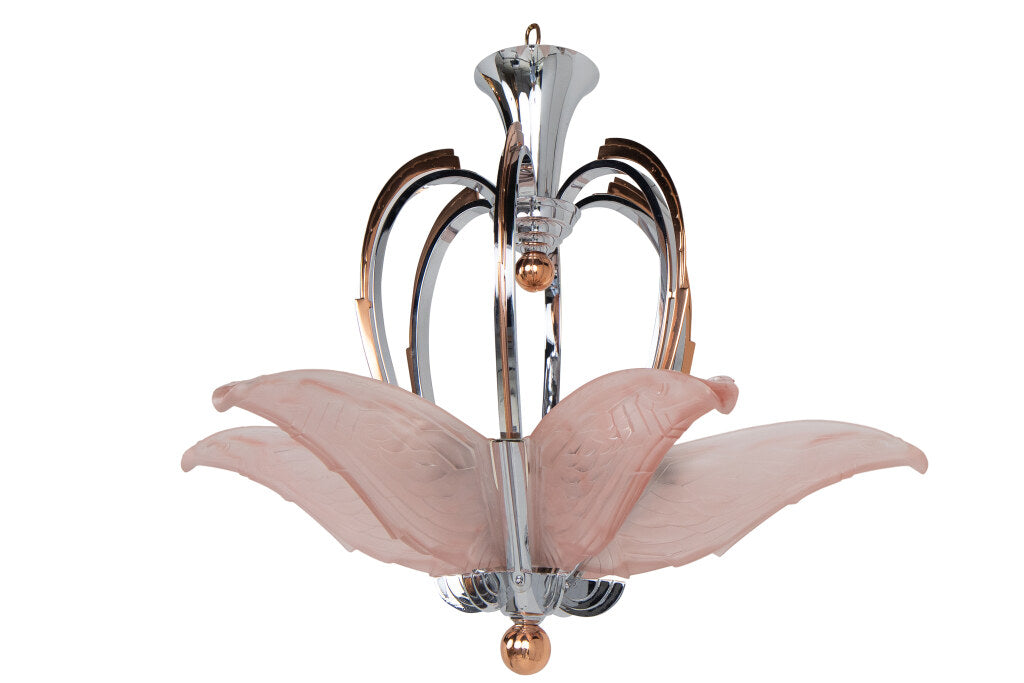 Chrome, Copper And Molded Pink Glass  Art Deco  Six Light  Chand Default