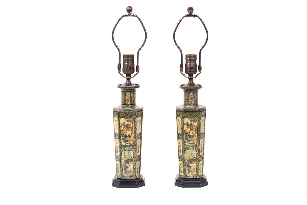 Tole Decorated Vases As Lamps on Black Painted Bases, England Ea Default