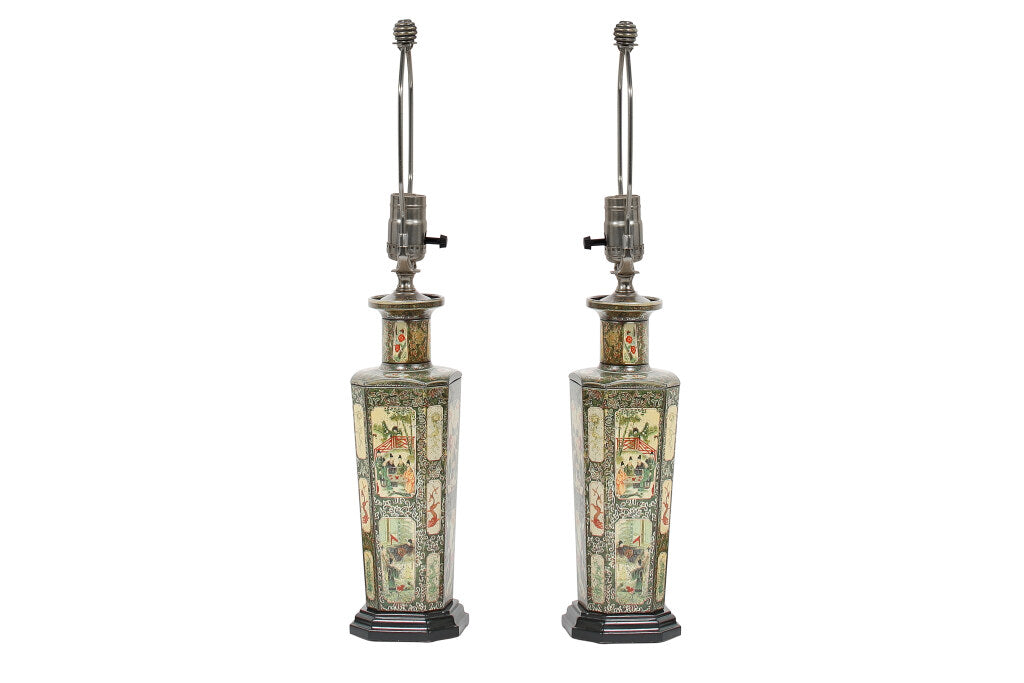Tole Decorated Vases As Lamps on Black Painted Bases, England Ea Default