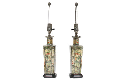 Tole Decorated Vases As Lamps on Black Painted Bases, England Ea Default