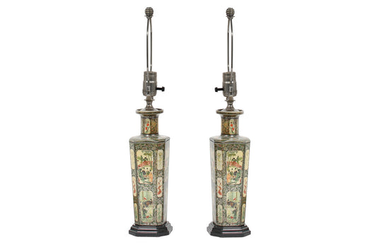 Tole Decorated Vases As Lamps on Black Painted Bases, England Ea Default