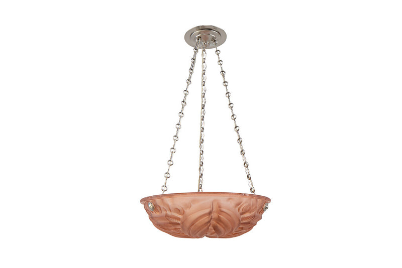 Molded Glass Rose Colored Art Deco Three Light Pendant, France E