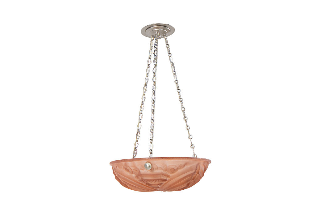 Molded Glass Rose Colored Art Deco Three Light Pendant, France E Default