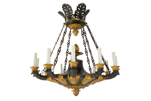 Black And Gilt Bronze, Patinated Tole Empire Chandelier, France Default