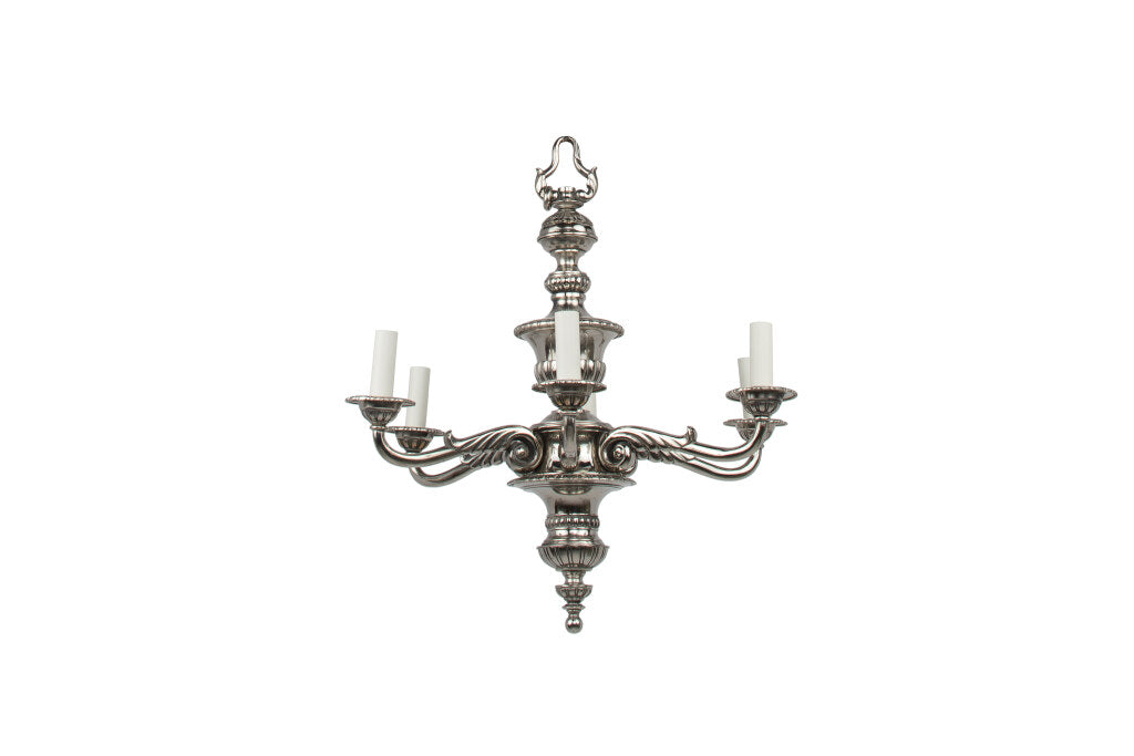 Nickeled Bronze Art Deco Six Light Chandelier With Masks, France Default