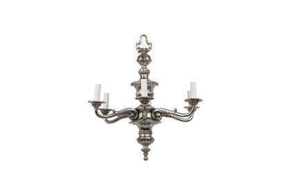 Nickeled Bronze Art Deco Six Light Chandelier With Masks, France Default