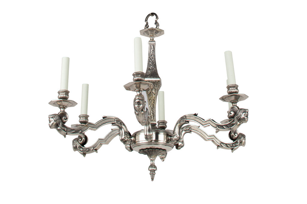 Nickeled Bronze Art Deco Six Light Chandelier With Masks, France Default