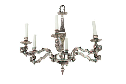 Nickeled Bronze Art Deco Six Light Chandelier With Masks, France Default