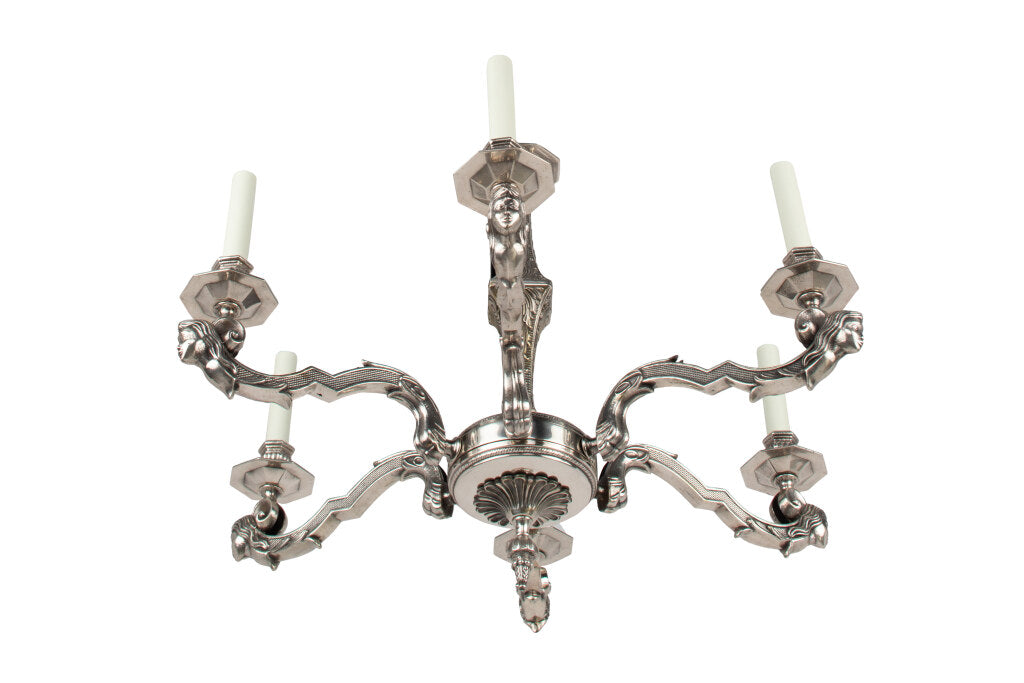 Nickeled Bronze Art Deco Six Light Chandelier With Masks, France Default
