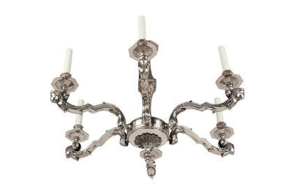 Nickeled Bronze Art Deco Six Light Chandelier With Masks, France Default