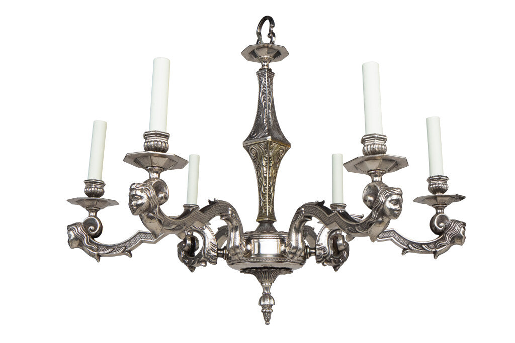 Nickeled Bronze Art Deco Six Light Chandelier With Masks, France Default