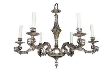 Nickeled Bronze Art Deco Six Light Chandelier With Masks, France Default