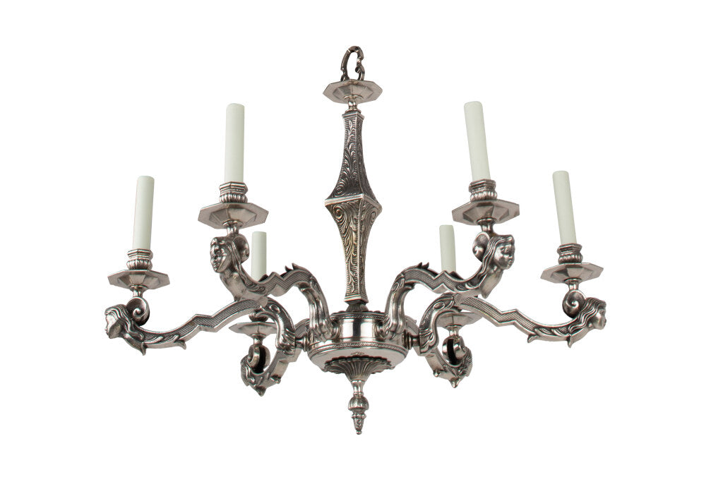 Nickeled Bronze Art Deco Six Light Chandelier With Masks, France Default