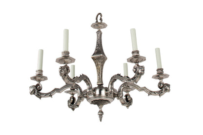 Nickeled Bronze Art Deco Six Light Chandelier With Masks, France Default