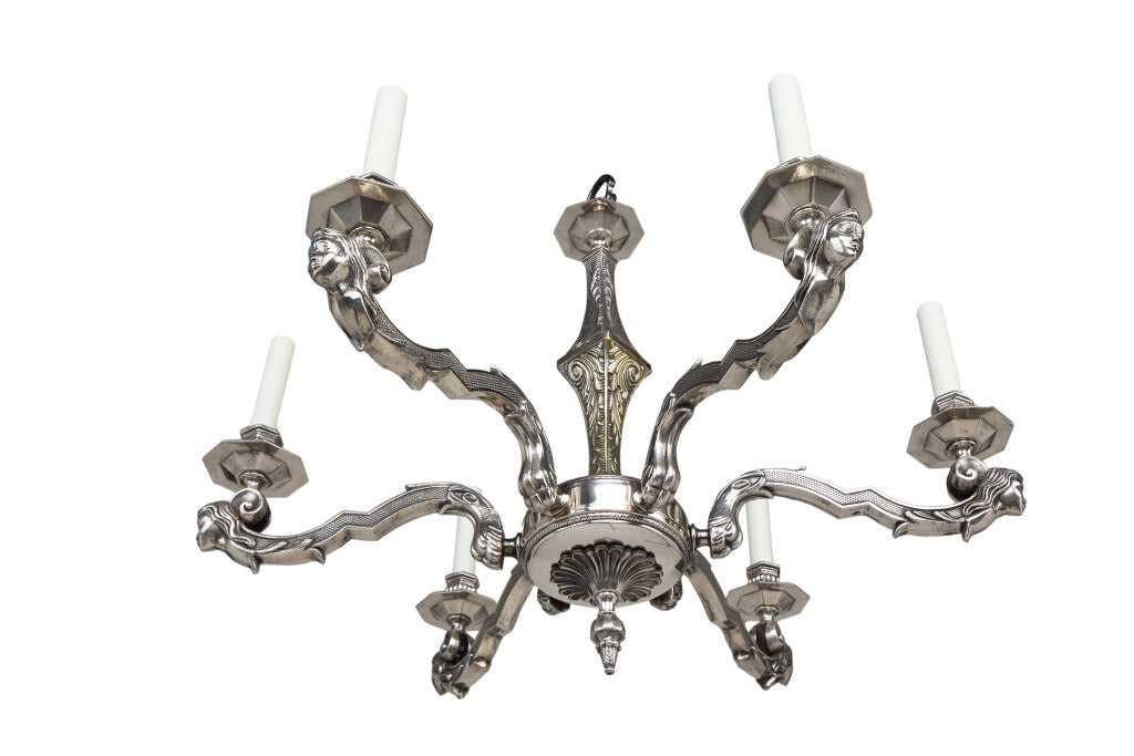 Nickeled Bronze Art Deco Six Light Chandelier With Masks, France Default
