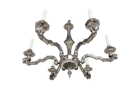 Nickeled Bronze Art Deco Six Light Chandelier With Masks, France Default
