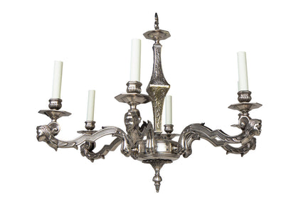 Nickeled Bronze Art Deco Six Light Chandelier With Masks, France Default
