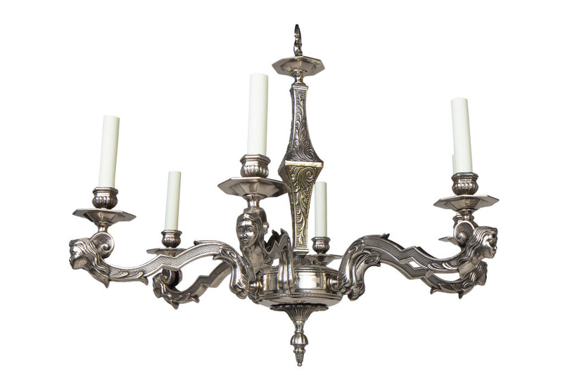 Nickeled Bronze Art Deco Six Light Chandelier With Masks, France