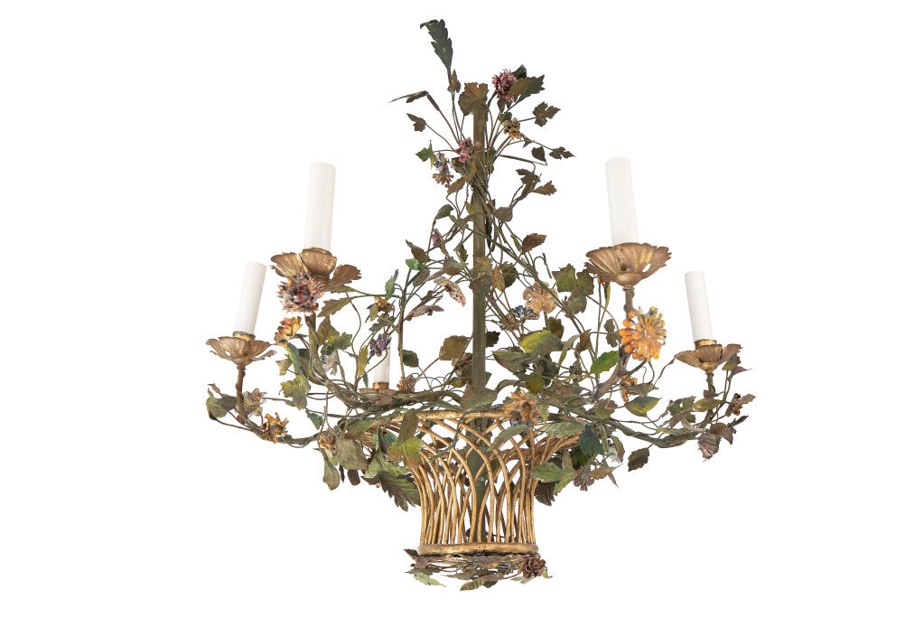 Polychrome Iron And Tole Basket Motif Six Light Floral Chandelie Default