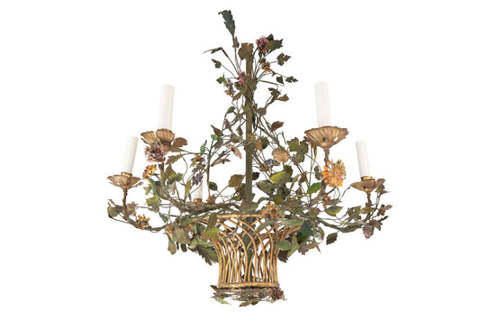 Polychrome Iron And Tole Basket Motif Six Light Floral Chandelie Default