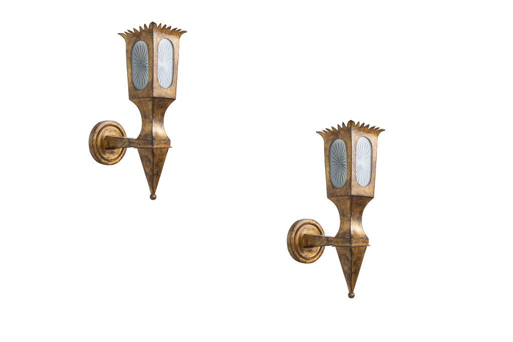 Gilt Iron And Etched Glass One Light Wall Lanterns, Italy Early Default