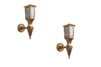 Gilt Iron And Etched Glass One Light Wall Lanterns, Italy Early Default