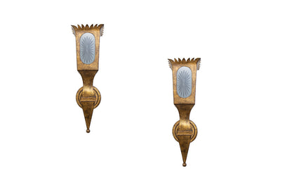Gilt Iron And Etched Glass One Light Wall Lanterns, Italy Early Default