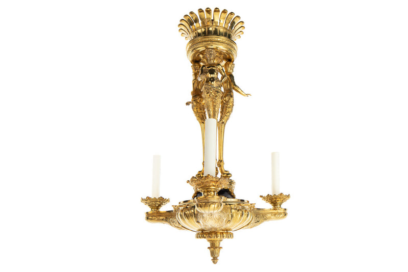 Gilt Bronze Satyr Motif Argand Three Light Chandelier, France 19