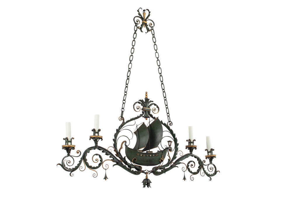 Painted Iron Galleon and Dolphin Motif Four Light Chandelier, It Default