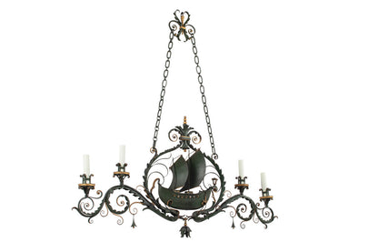 Painted Iron Galleon and Dolphin Motif Four Light Chandelier, It Default