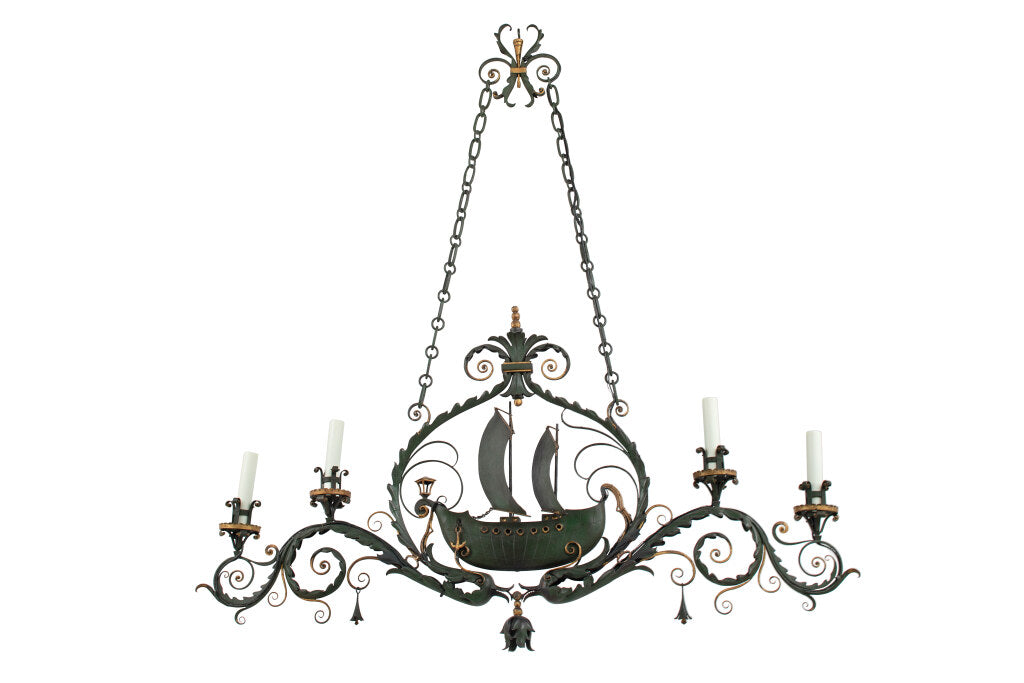 Painted Iron Galleon and Dolphin Motif Four Light Chandelier, It Default