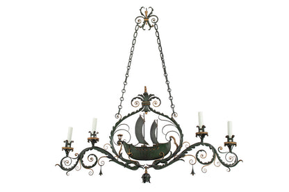 Painted Iron Galleon and Dolphin Motif Four Light Chandelier, It Default