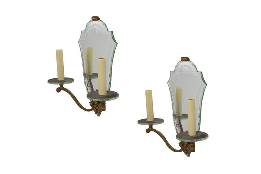 Gilt Bronze And Hand Etched Mirror Backed Two Light Sconces, Fra Default