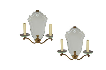 Gilt Bronze And Hand Etched Mirror Backed Two Light Sconces, Fra Default