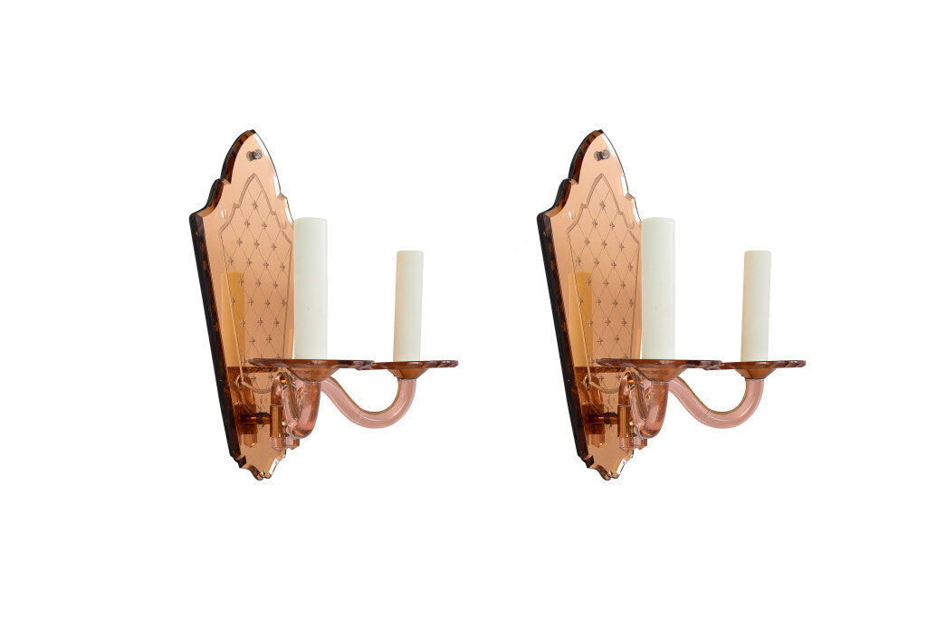 Mirrored Peach Color Etched Two Light Sconces France 20th Century Default