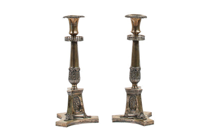 Silvered Bronze Empire Style Candlesticks With Pierced Gallery, Default