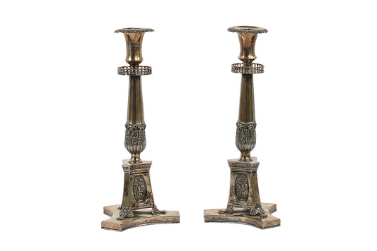 Silvered Bronze Empire Style Candlesticks With Pierced Gallery, Default