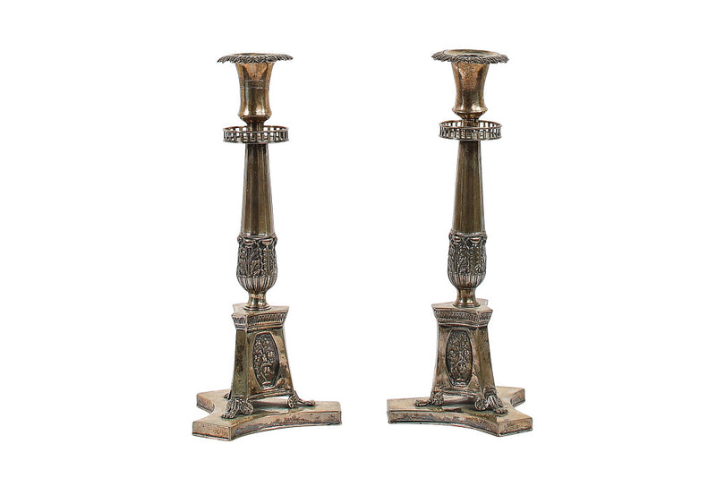 Silvered Bronze Empire Style Candlesticks With Pierced Gallery,