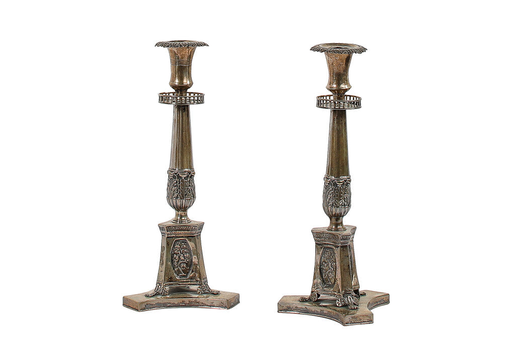Silvered Bronze Empire Style Candlesticks With Pierced Gallery, Default