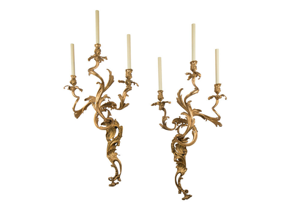 Gilt Bronze L. XV Style Three Light Sconces With Acanthus Decora Default