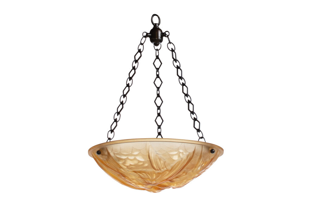 Molded Amber Colored Glass Art Deco Three Light Pendant With "Sw Default