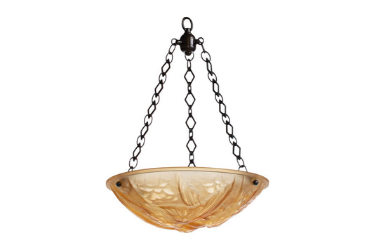 Molded Amber Colored Glass Art Deco Three Light Pendant With "Sw Default