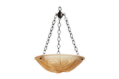 Molded Amber Colored Glass Art Deco Three Light Pendant With "Sw Default