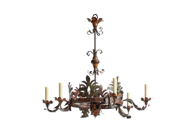 Polychrome Tole and Iron Six  Light Chandelier, Italy late 19th