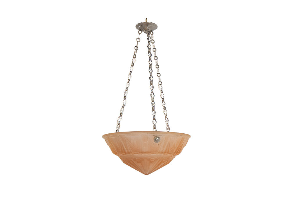 Molded Glass Peach Colored Art Deco Three Light Pendant With Geo Default